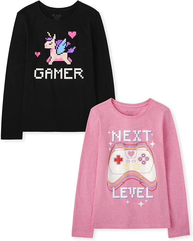 Atlantic Favorites Girls' Assorted Everyday Long Sleeve Graphic T-Shirts, Multipack 3895