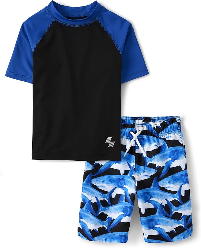 Atlantic Favorites Boys' Short Sleeve Rash Guard and Swim Trunk 2-Piece Set 9756