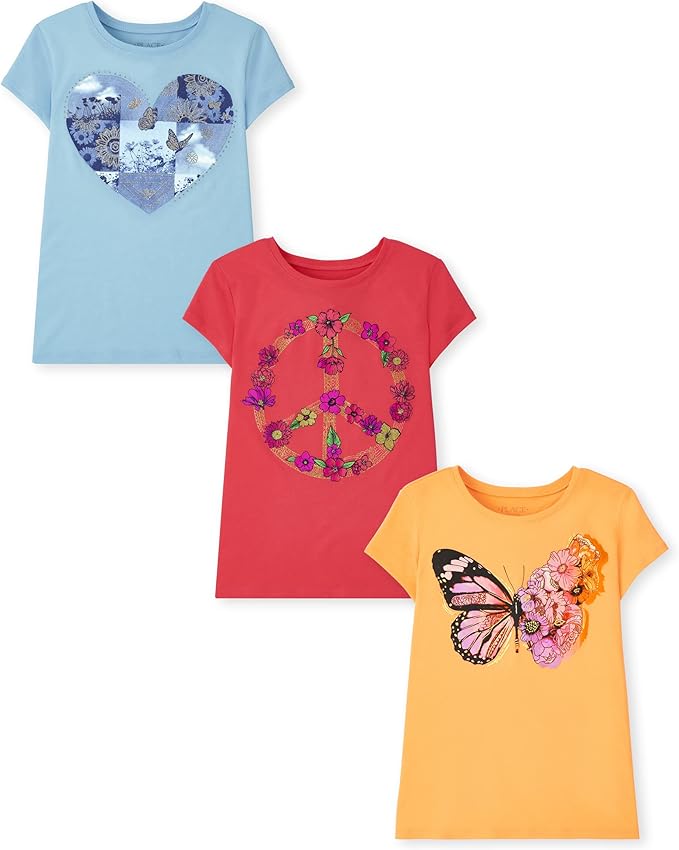 Atlantic Favorites Girls' Butterfly Short Sleeve Graphic T-Shirts, Multipack 8501