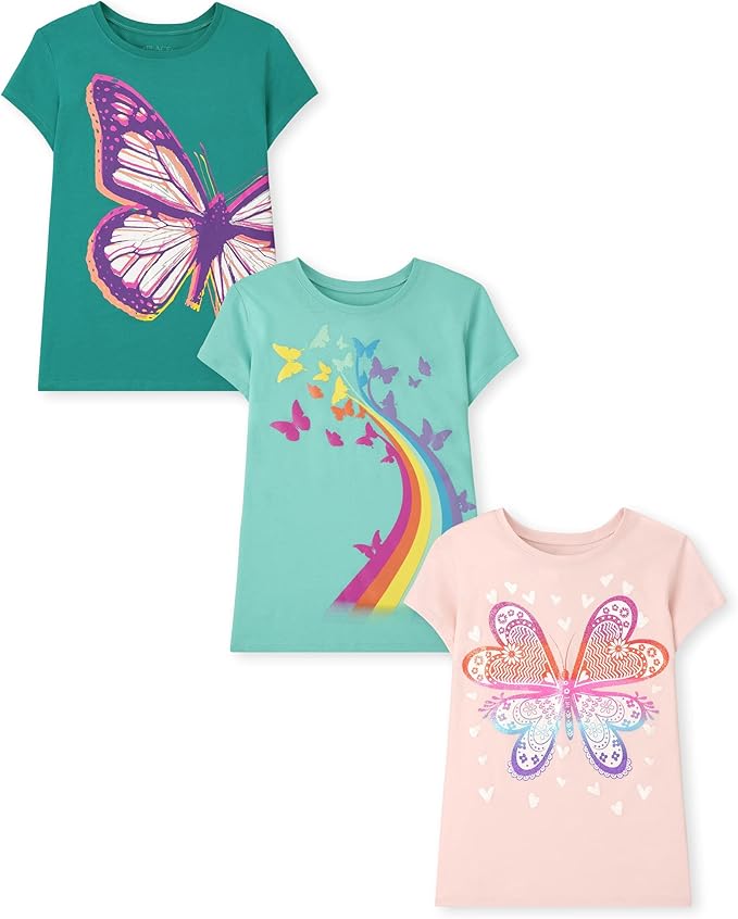 Atlantic Favorites Girls' Butterfly Short Sleeve Graphic T-Shirts, Multipack 3970