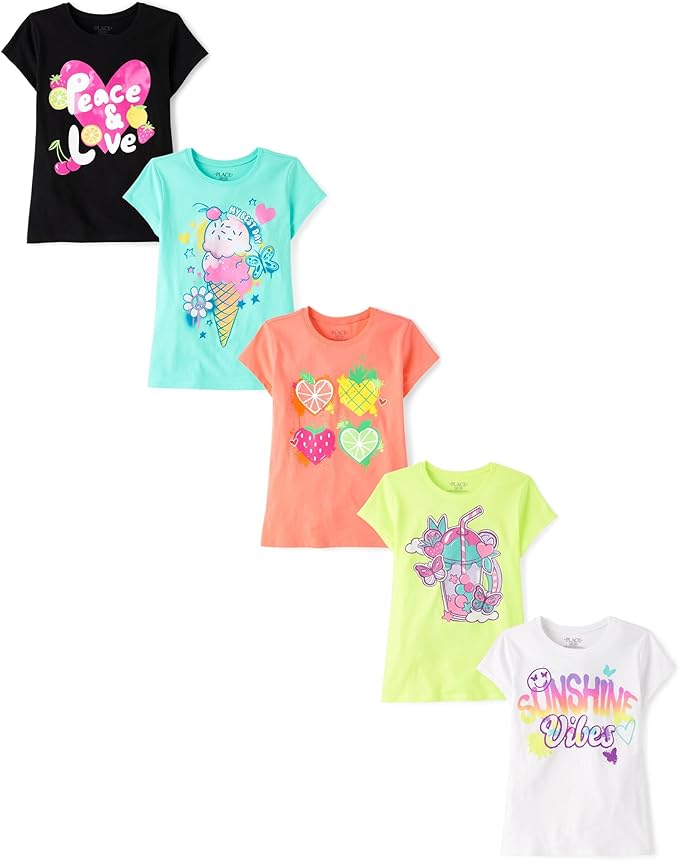 Atlantic Favorites Girls' Assorted Everyday Short Sleeve Graphic T-Shirts,multipacks 9380