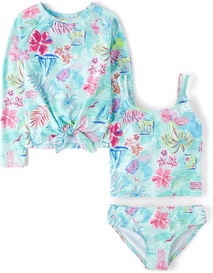 Atlantic Favorites Girls' Long Sleeve Rashguard and Tankini Swimsuit, 3 Piece Set 6537