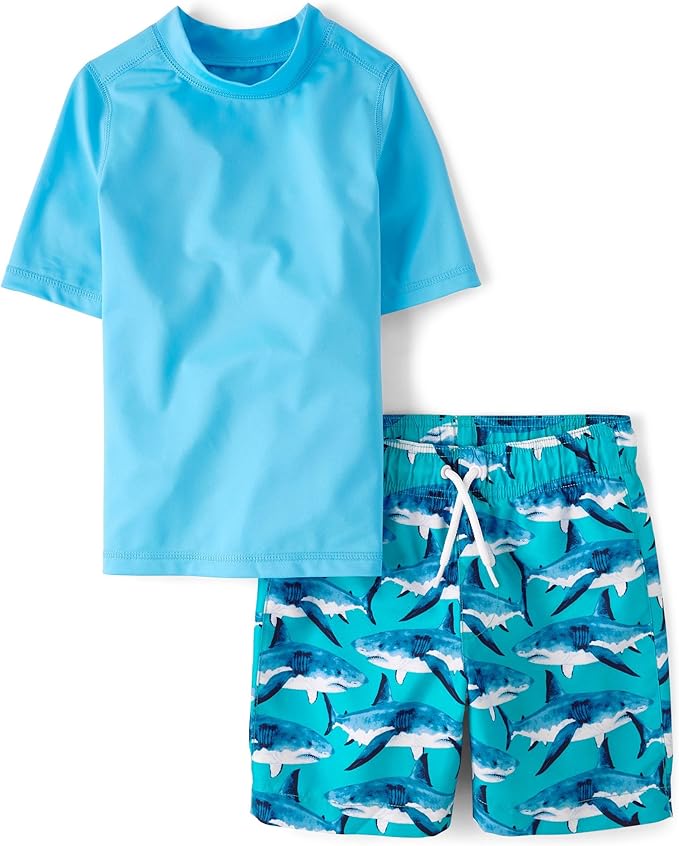 Atlantic Favorites Boys' Short Sleeve Rash Guard and Swim Trunk 2-Piece Set 2316