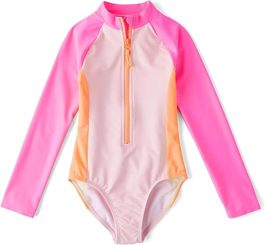 Atlantic Favorites Girls' Long Sleeve Half Zip One Piece Rashguard Swimsuit 7360