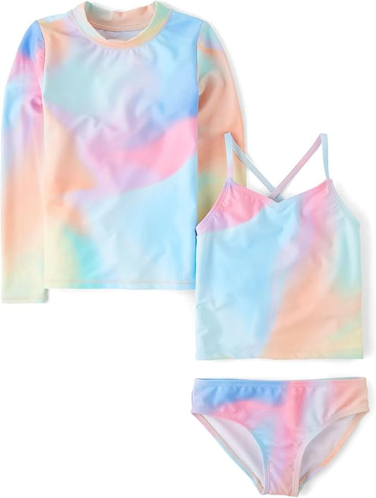Atlantic Favorites Girls' Long Sleeve Rashguard and Tankini Swimsuit, 3 Piece Set 5222