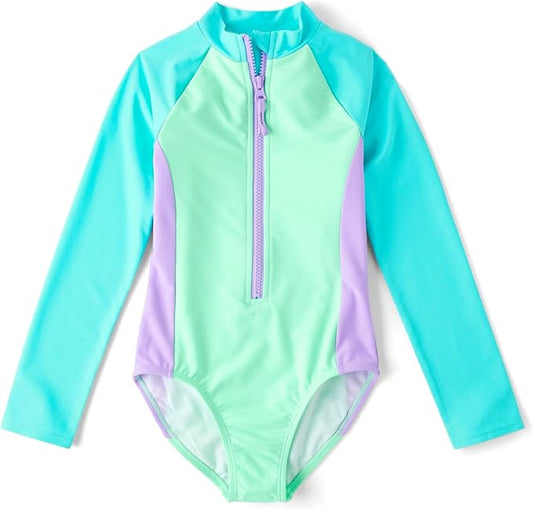 Atlantic Favorites Girls' Long Sleeve Half Zip One Piece Rashguard Swimsuit 1966