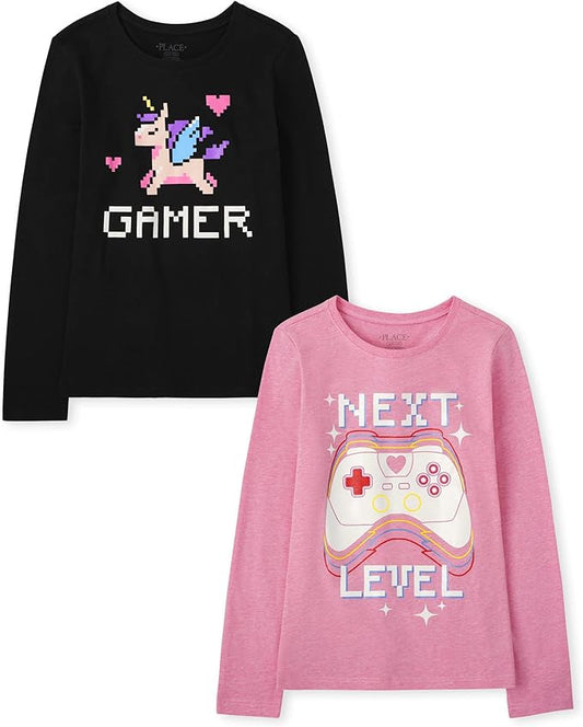 Atlantic Favorites Girls' Assorted Everyday Long Sleeve Graphic T-Shirts, Multipack 3895