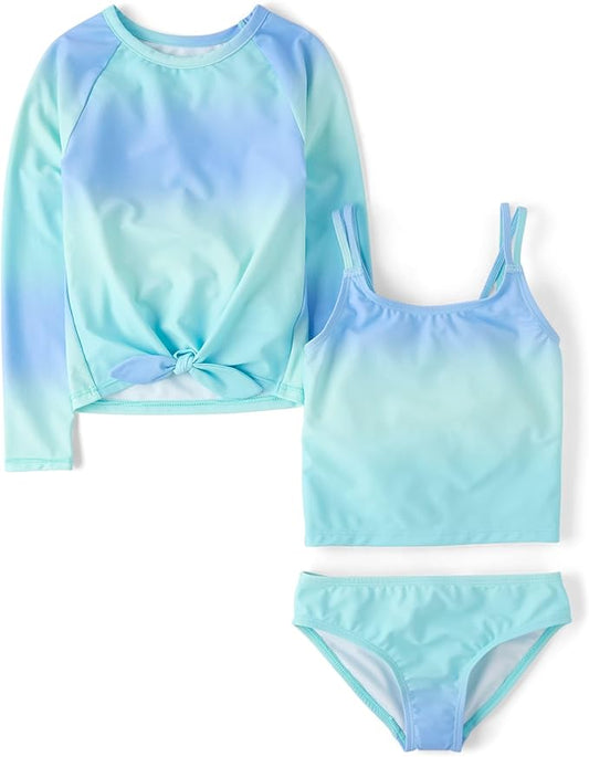 Atlantic Favorites Girls' Long Sleeve Rashguard and Tankini Swimsuit, 3 Piece Set 3363