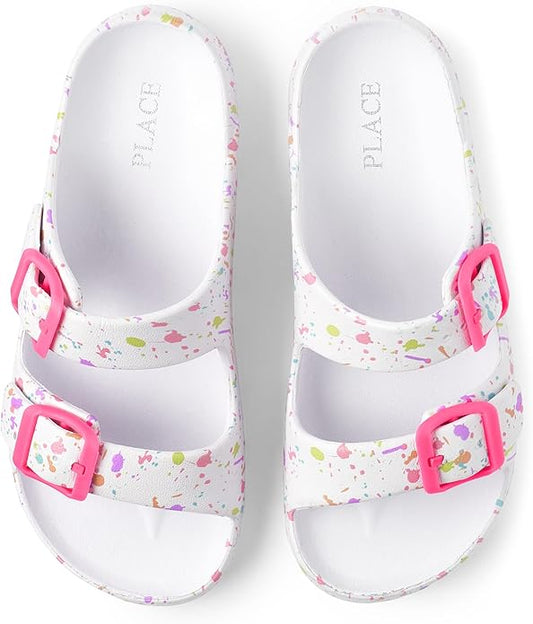 Atlantic Favorites Girls Double Buckle Slip On Slide Sandals, White Paint Splatter 9847
