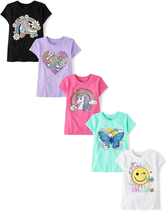 Atlantic Favorites Girls' Assorted Everyday Short Sleeve Graphic T-Shirts,multipacks 7032
