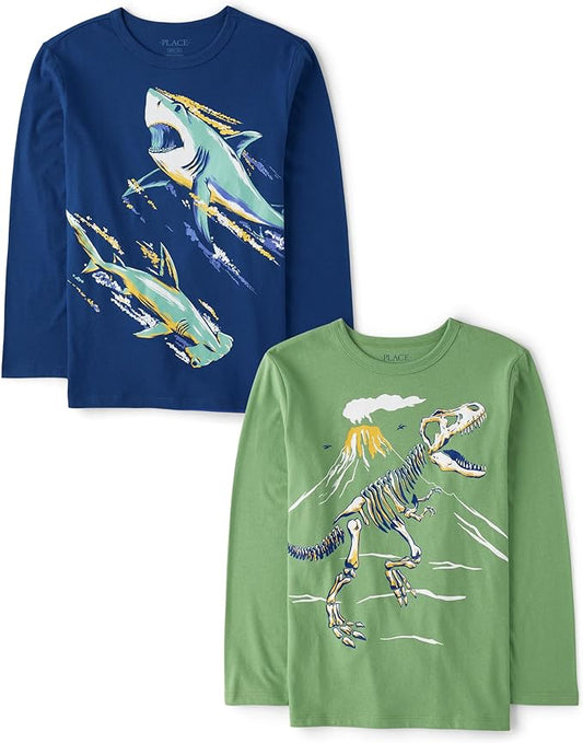 Atlantic Favorites Boys' Dino Long Sleeve Graphic T-Shirts,multipacks 7773