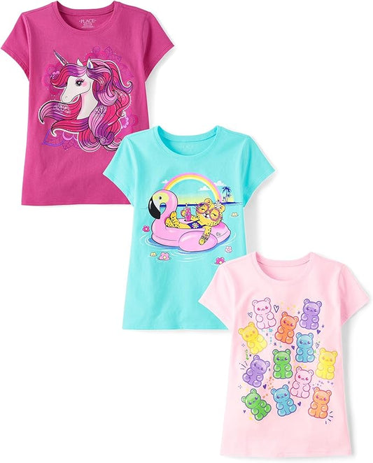 Atlantic Favorites Girls' Assorted Everyday Short Sleeve Graphic T-Shirts,multipacks 3817