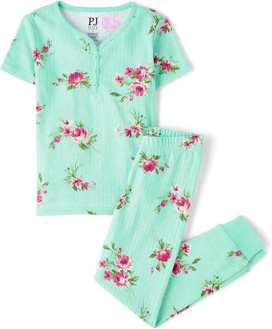 Atlantic Favorites Girls' 100% Cotton Short Sleeve Top and Pants,2 Piece Pajama Set 8188